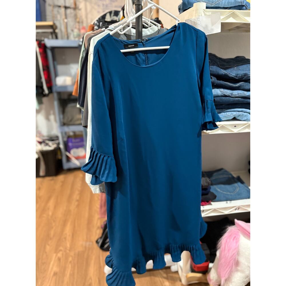 Alfani Teal Ruffle Hem Dress 16W Plus Size Pleated Sleeve Shift Dress